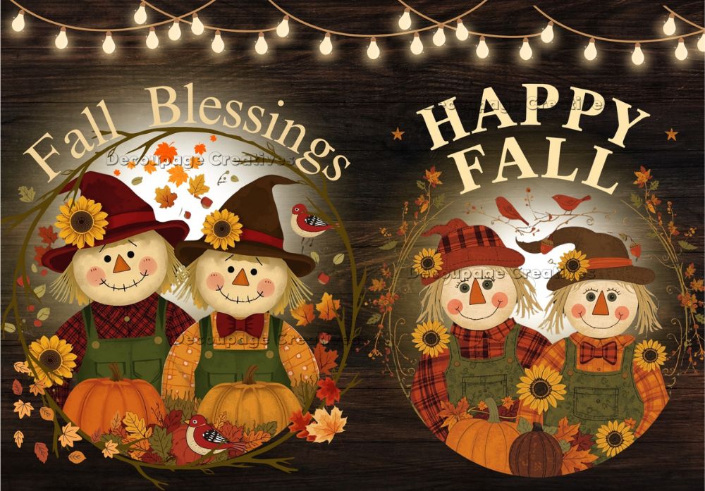 Two circular designs with scarecrows, pumpkins, and autumn elements on a dark background with string lights.