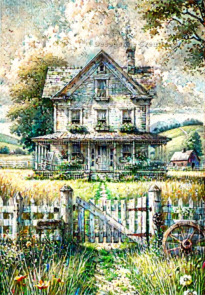 Painting of a rustic house with a garden and fence in a scenic setting