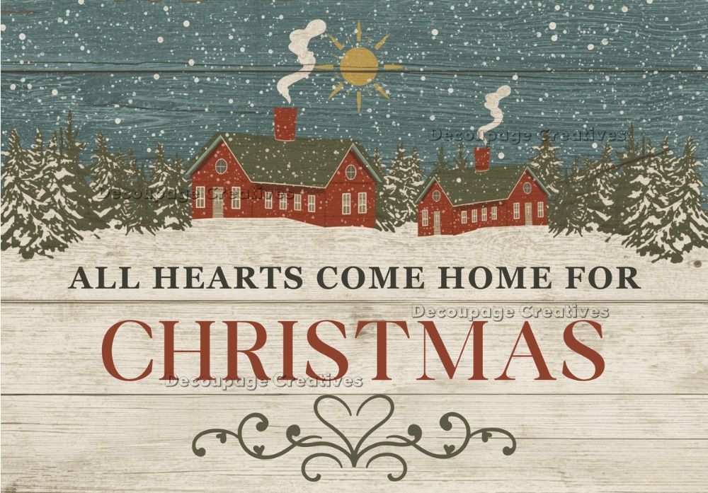 Vintage-style Christmas card with a house, trees, and text on a wooden background.