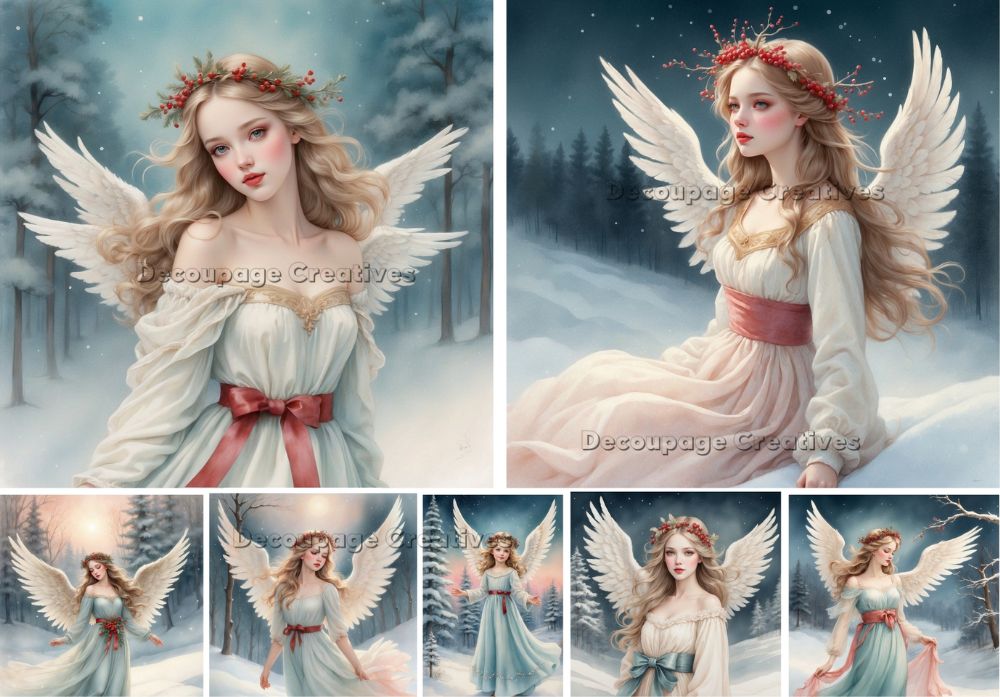 Collage of an angelic figure with wings in a snowy landscape, featuring the Decoupage Creative logo.