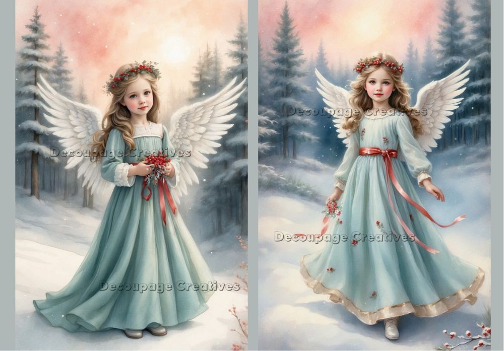 Illustration of an angelic girl in a snowy forest with 'Decoupage Creatives' branding.