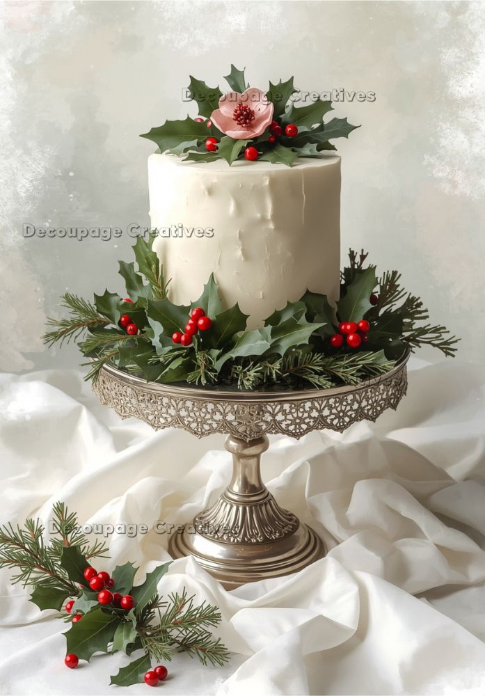 Decorative cake with holly leaves and berries on a white background