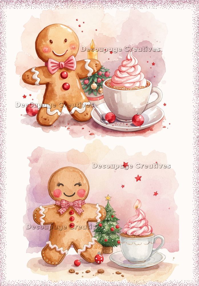 Two illustrations of gingerbread men with a cup of coffee and a Christmas tree on a pink background.