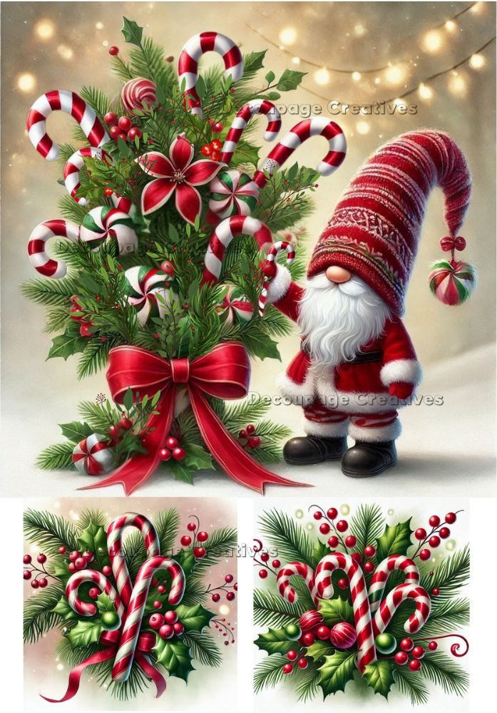 Decorative Christmas scene with candy canes, a bow, and a gnome on a light background.