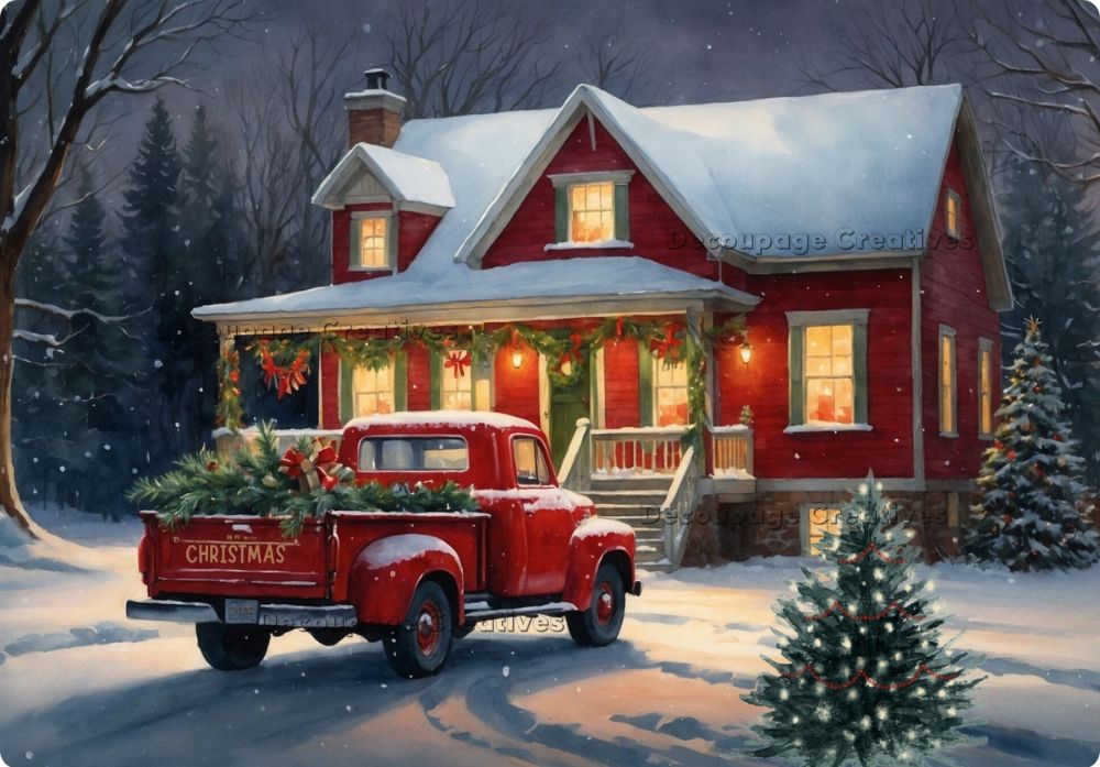 Red house with a red truck in front during Christmas, surrounded by snow and trees.
