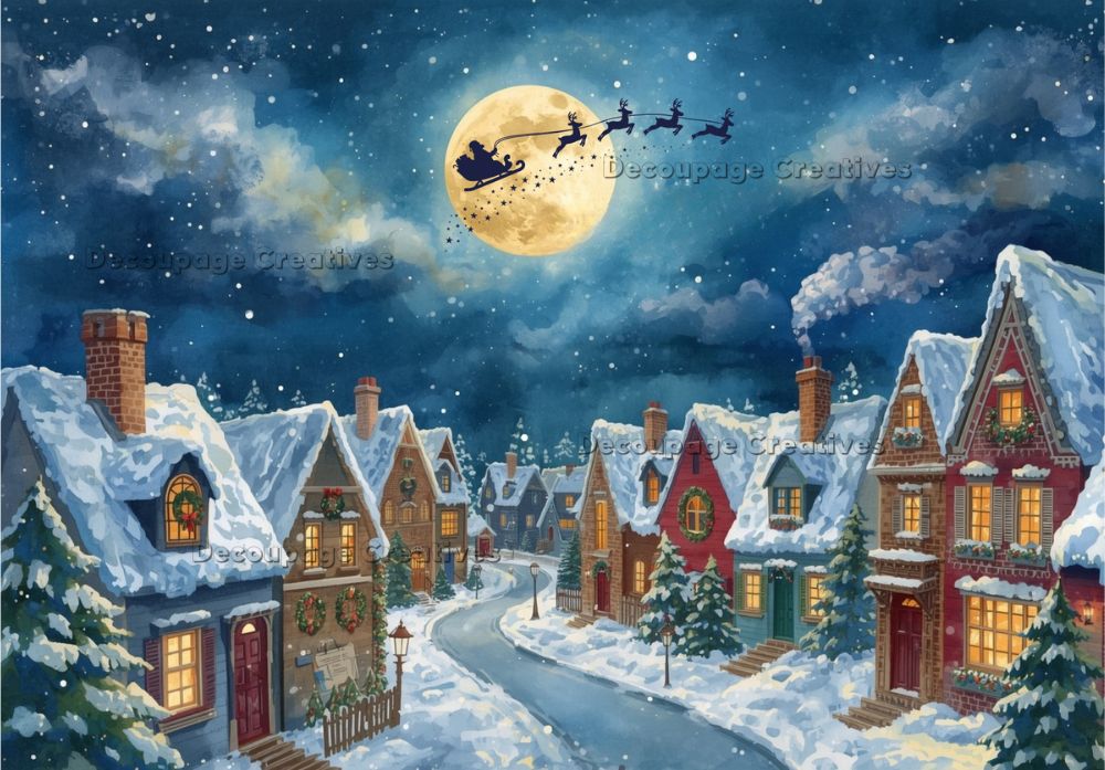 Christmas scene with Santa Claus in a sleigh over a snowy village.