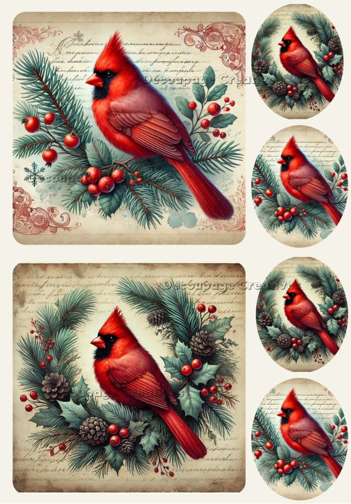 Set of Christmas-themed cards with red cardinals and winter elements on a textured background.