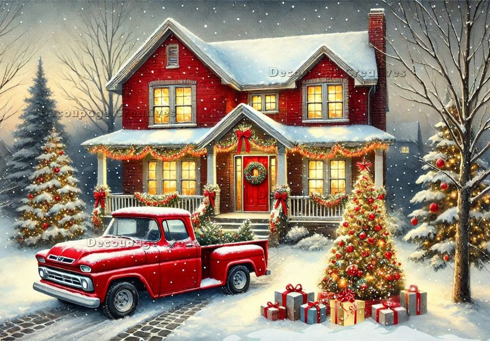 Christmas scene with a red house, truck, and decorated trees in the snow.