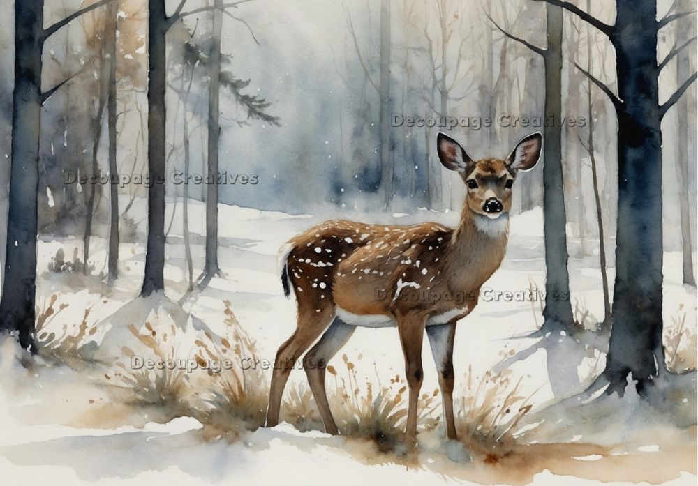 Deer in a snowy forest with 'Decoupage Creatives' branding.