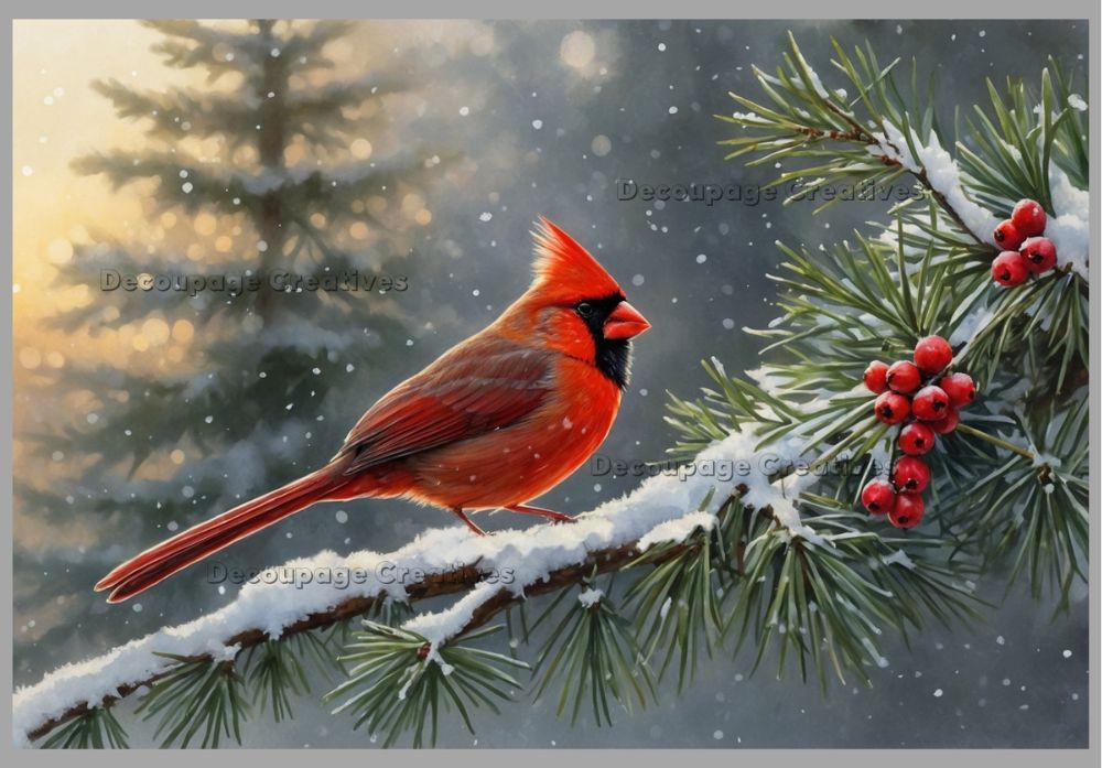 Red cardinal bird perched on a branch with snow and berries in the background