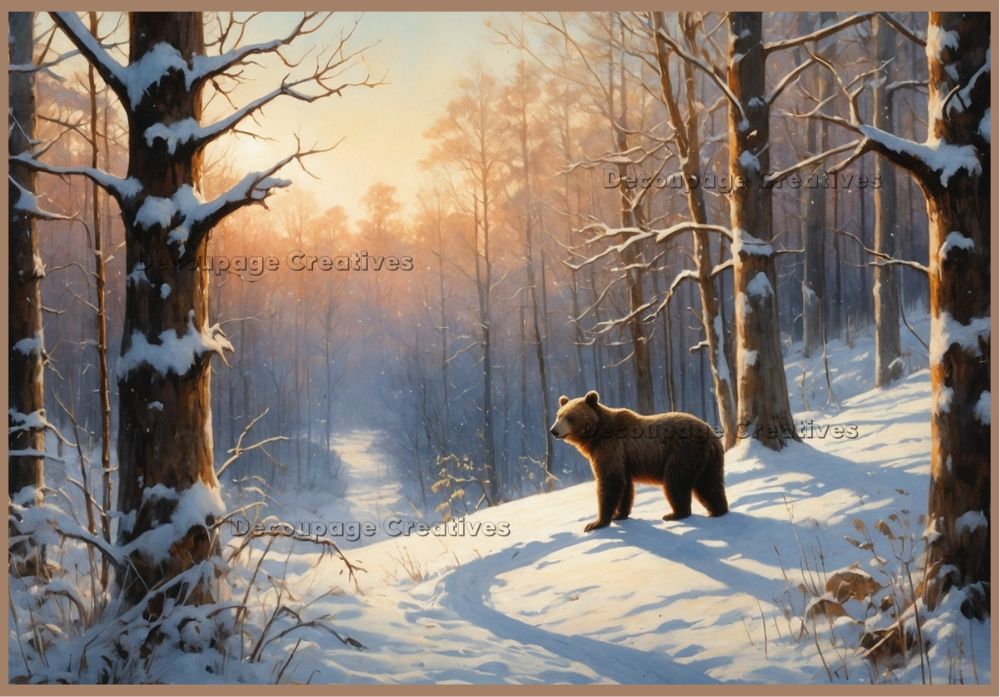 Bear standing on a snow-covered path in a forest with a warm sunset