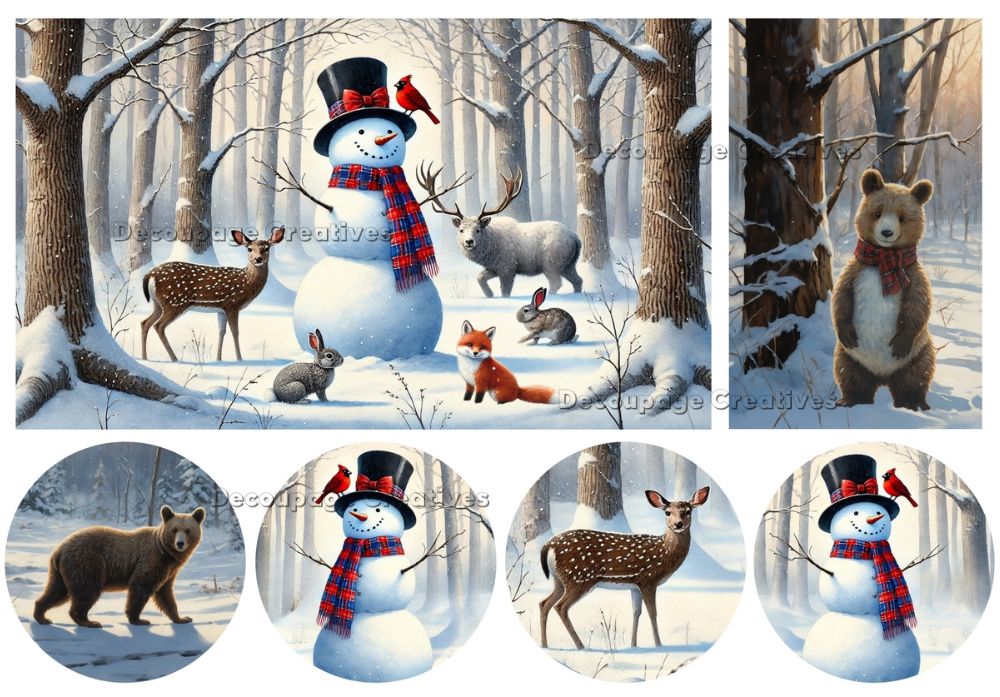 Winter scene with snowman, animals, and bear in a snowy forest