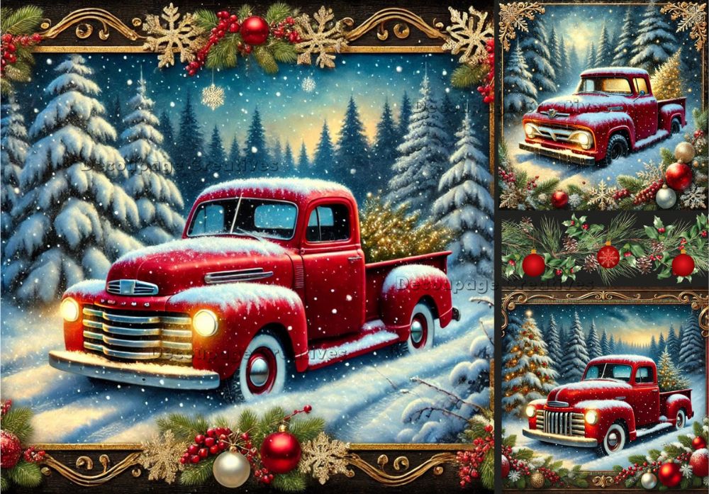 Red truck in a snowy forest with Christmas decorations