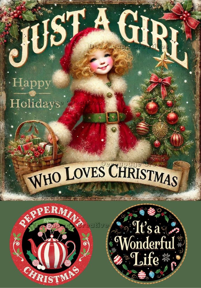 Vintage-style Christmas card with a girl in a Santa hat and text 'Just a Girl Who Loves Christmas'.