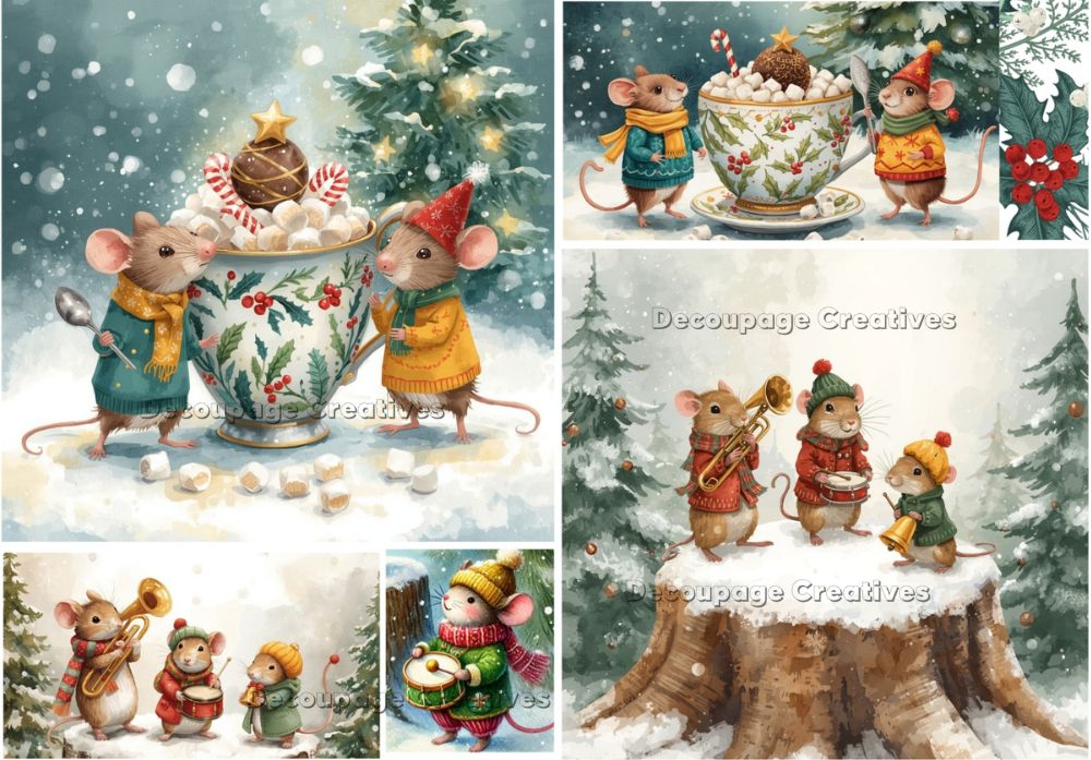 Collage of Christmas-themed illustrations featuring mice in winter clothing with a snowy background.