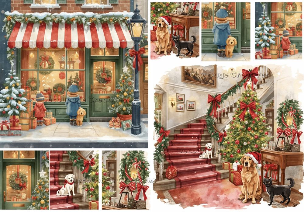 Collage of Christmas-themed illustrations featuring a store front, staircase, and festive decorations.