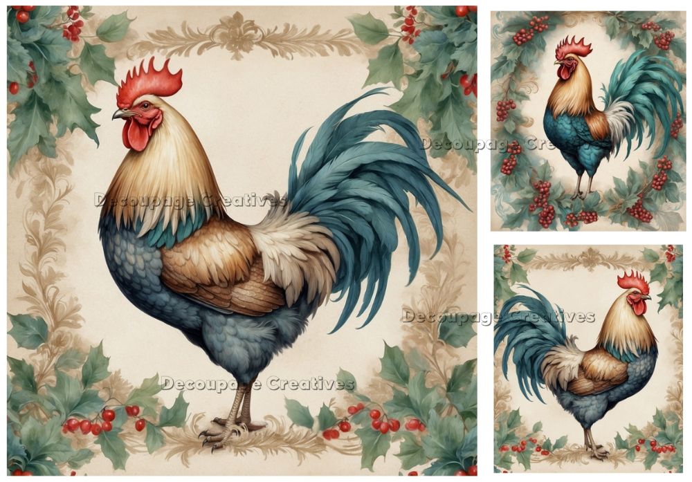 Decorative rooster design with greenery and berries on a beige background