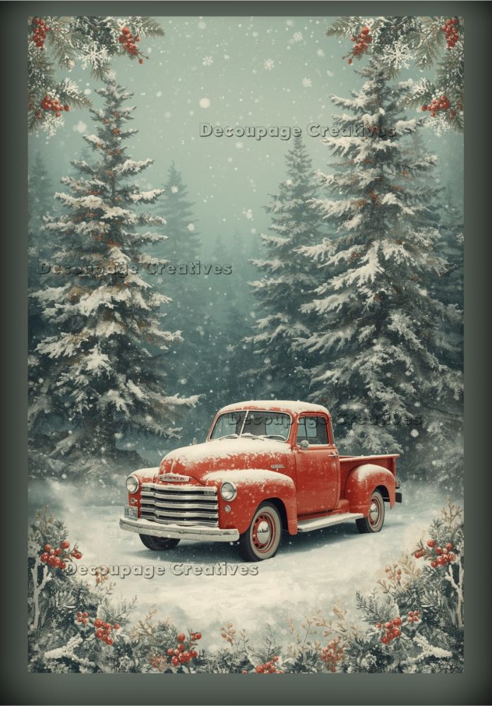 Red vintage truck in a snowy forest with pine trees and berries.