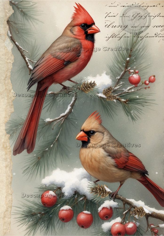 Two red cardinals on a branch with snow and berries, artistic depiction.