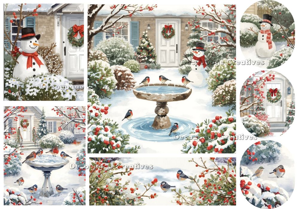 Collage of winter scenes with snowmen, birds, and festive elements.