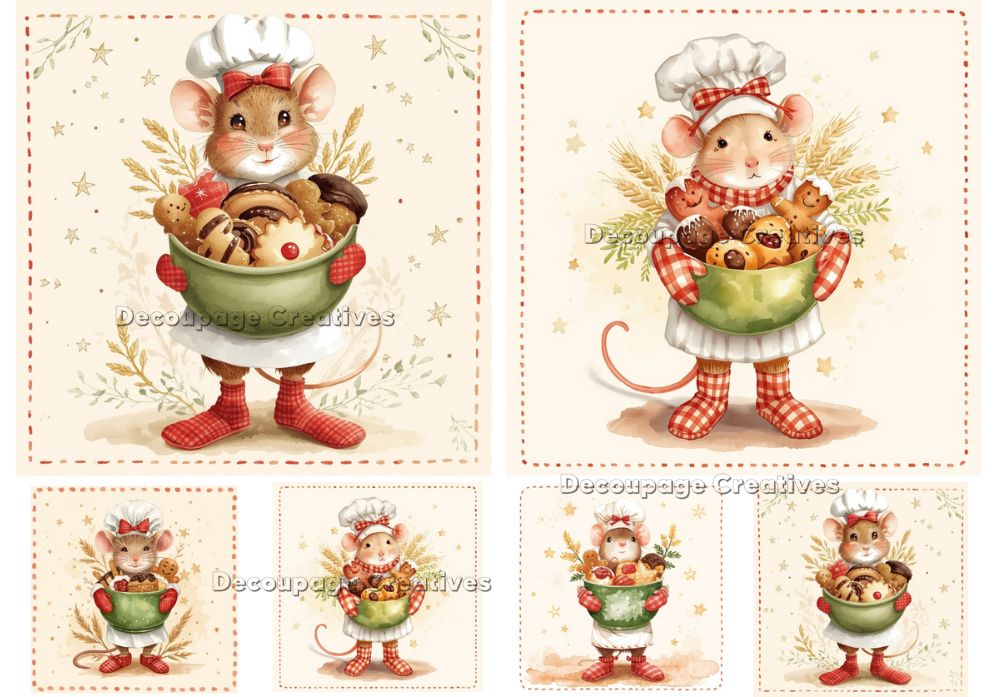 Set of four decorative mouse illustrations holding a bowl of cookies on a white background.