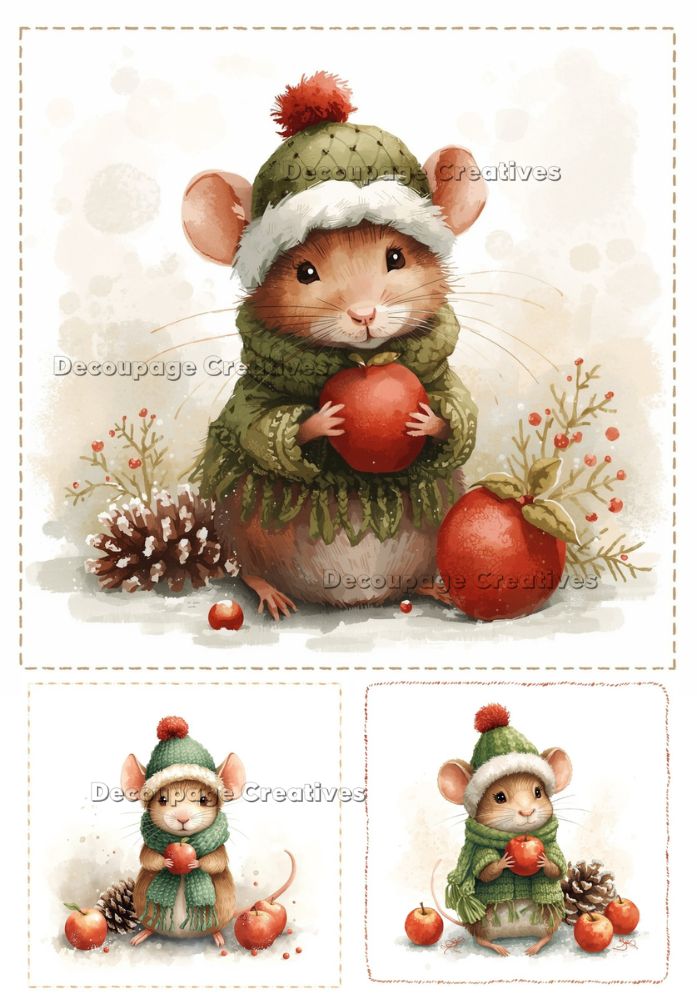 Illustration of a mouse in winter clothing holding an apple with decorative elements.