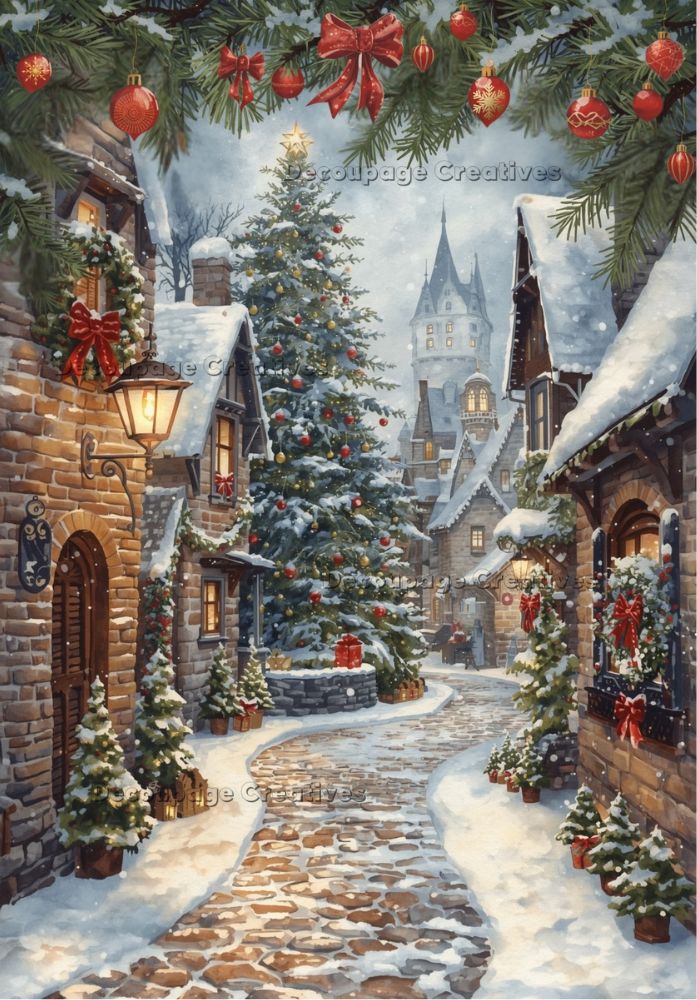 Decorative illustration of a snowy village street with Christmas decorations.