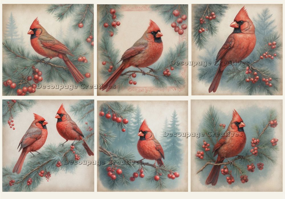 Set of six cards featuring red cardinals on branches with berries and pine cones.
