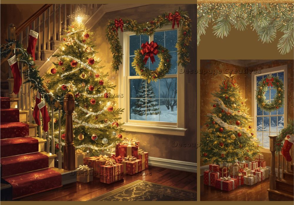 Decorative Christmas scene with a tree, presents, and wreath in a home setting.