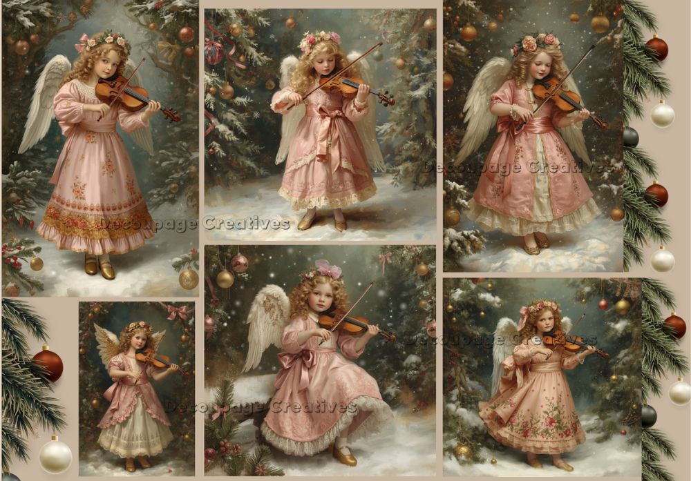 Collage of a girl in a pink dress playing a violin with angel wings against a Christmas-themed background.