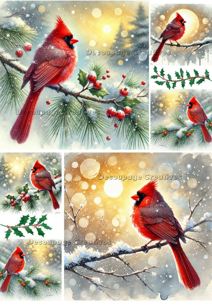 Collage of red cardinals on branches with pine cones and berries, set against a snowy background.