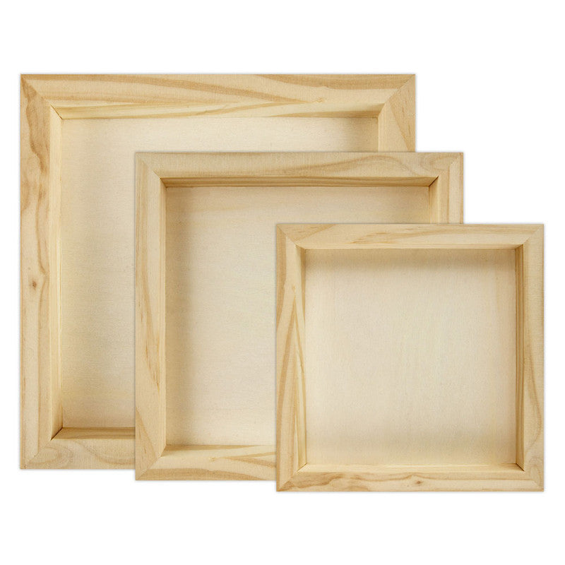 Prima Marketing one 4x4x3/4 inch wooden tray, one 5x5x3/4 inch wooden tray and one 6x6x3/4 inch wooden tray.