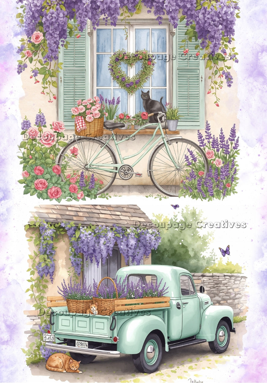 Vintage truck with flowers, bicycle, and cat by a window with flowers and shutters.