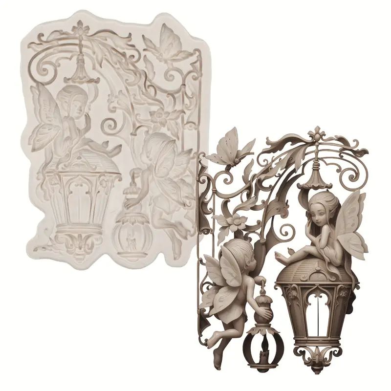 Silicone Craft Accent Mold. Two fairies sitting on ornate lamp