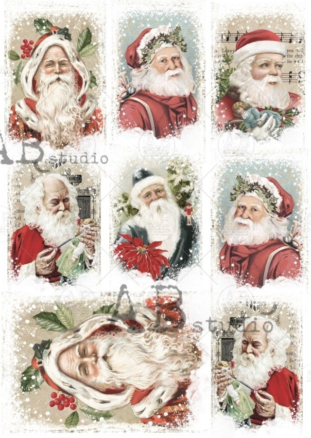 8 images of vintage Santa faces on A3 decoupage rice paper by AB Studio.