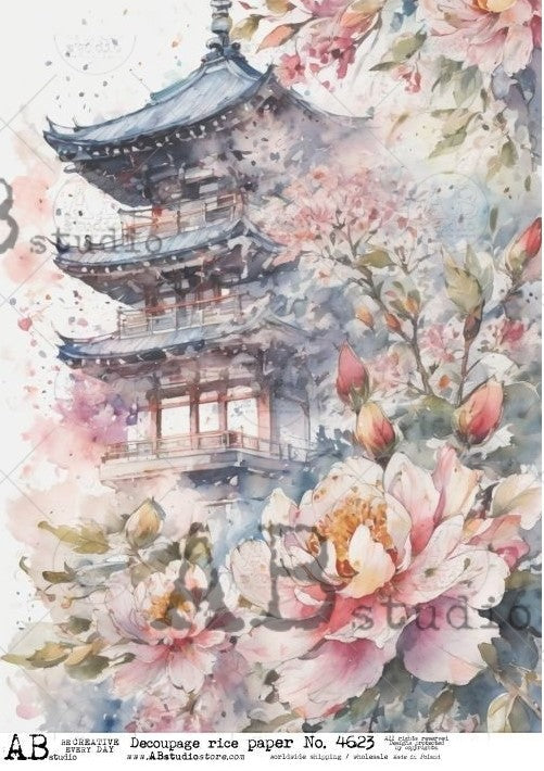 Pagoda with Pink florals. Decoupage Rice paper by AB Studio Store.