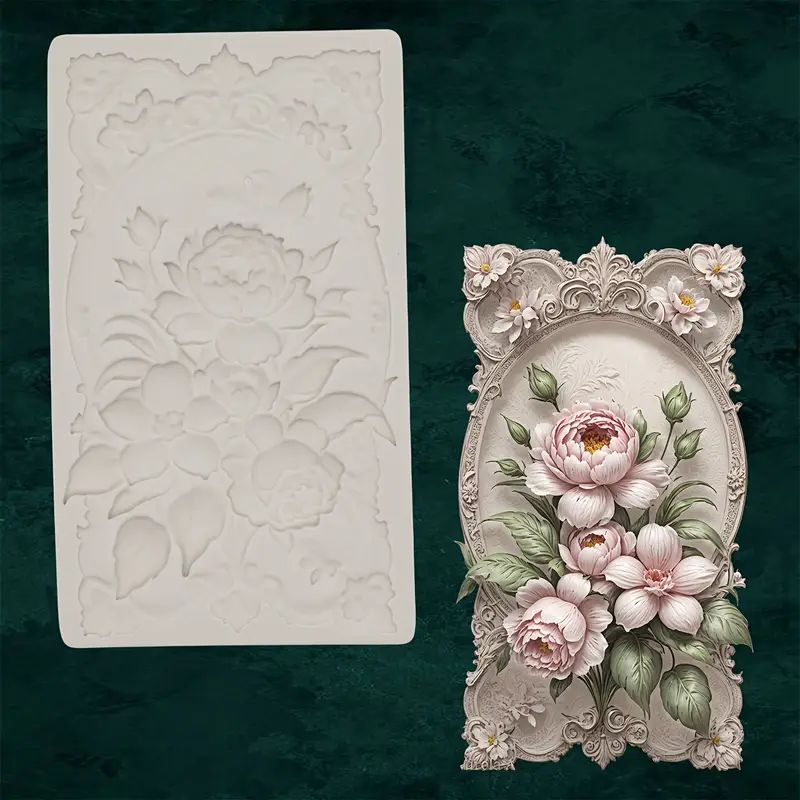 Silicone Craft Accent Mold. Peonies and greenery in ornate frame.