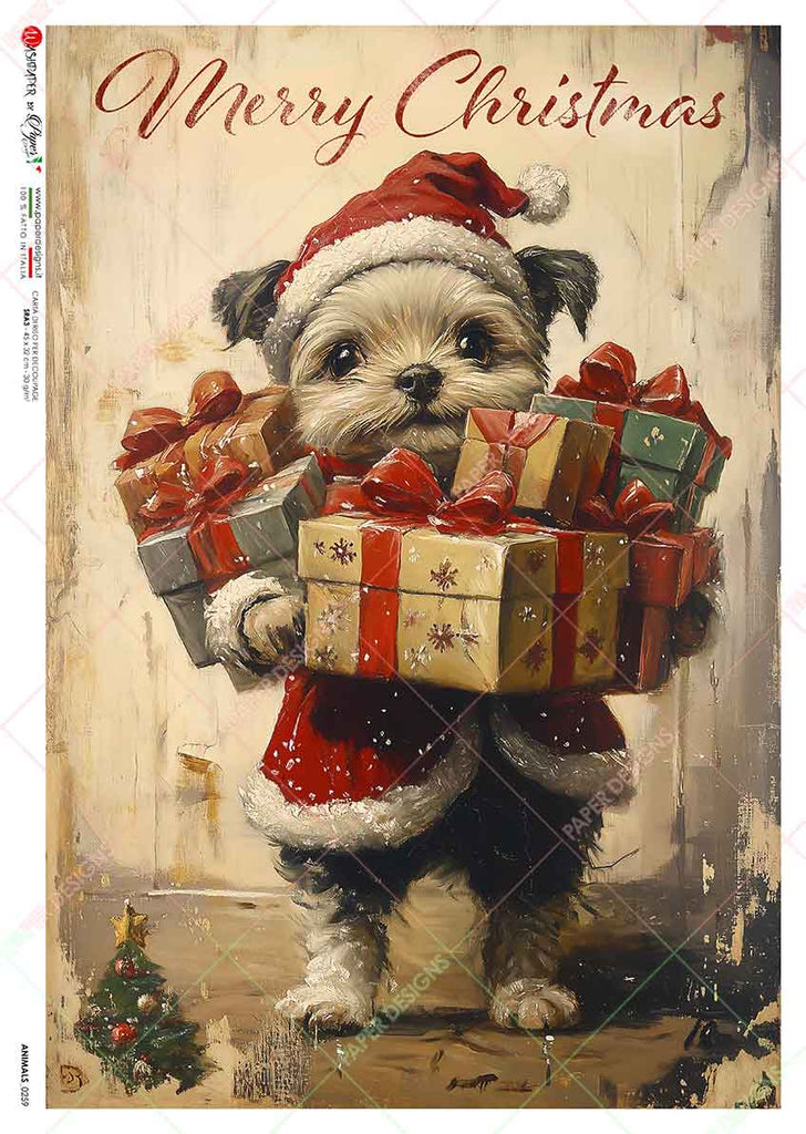 Puppy dressed as Santa holding presents. Beautiful Rice Paper of Exquisite Quality for Decoupage crafts.