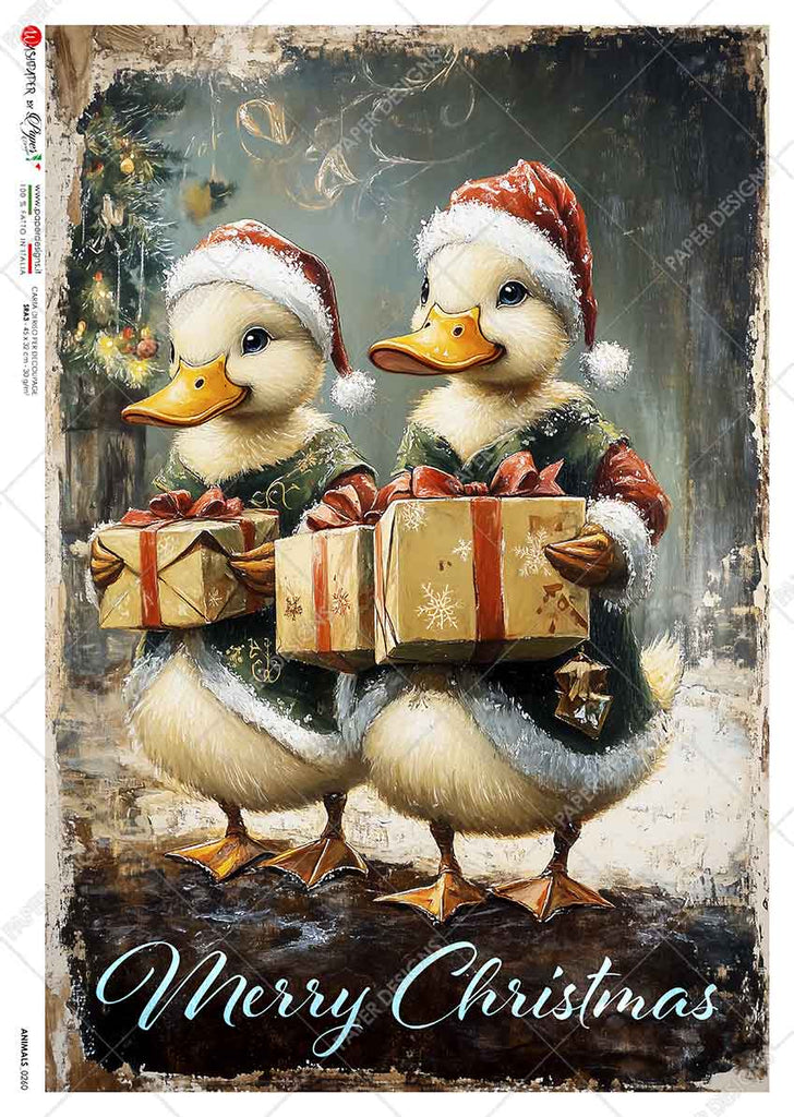 2 festively dressed ducks holding presents in the snow. Beautiful Rice Paper of Exquisite Quality for Decoupage crafts.