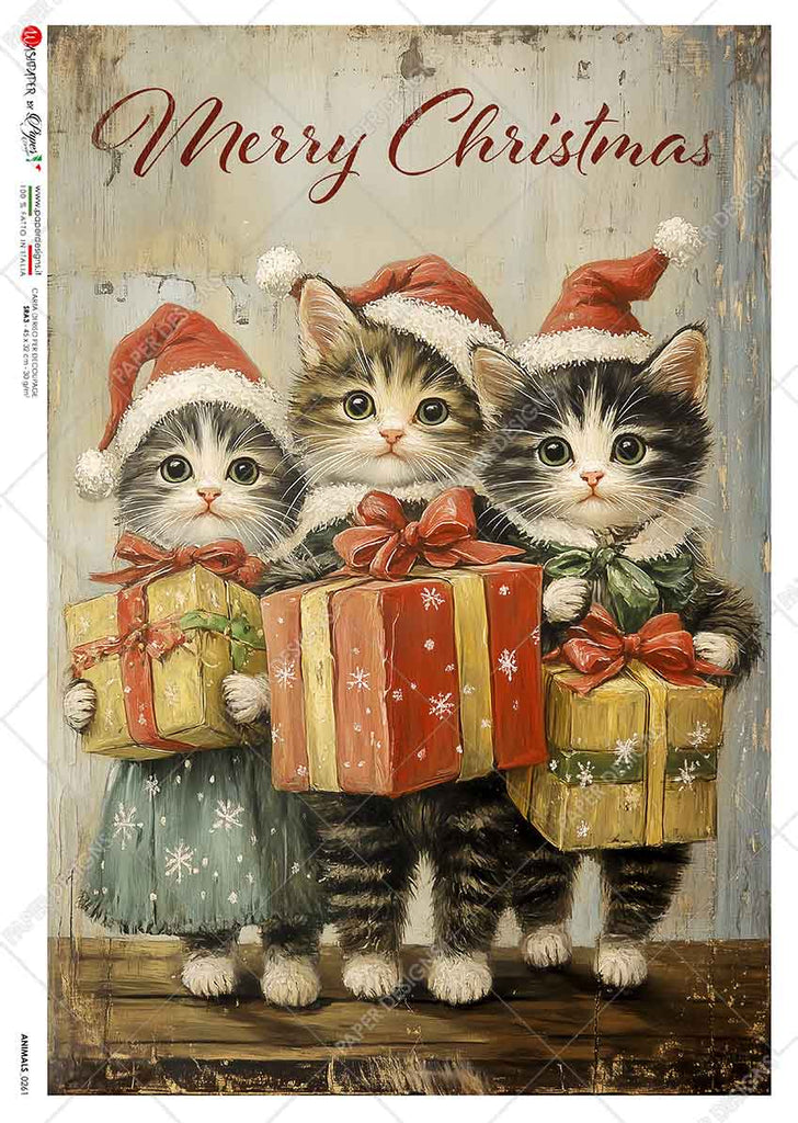 3 cats in Santa hats holding presents. Beautiful Rice Paper of Exquisite Quality for Decoupage crafts.