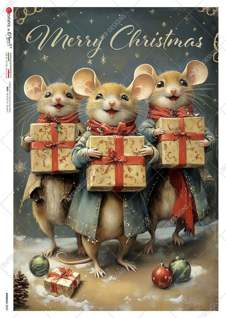 3 festively dressed mice holding presents in the snowy starry night. Beautiful Rice Paper of Exquisite Quality for Decoupage crafts.