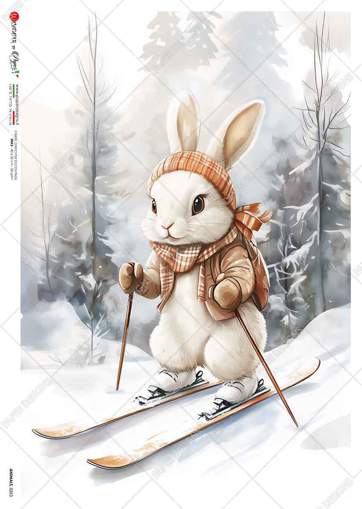 Small white rabbit dressed for winter skiing in the forest. Beautiful Rice Paper of Exquisite Quality for Decoupage crafts.