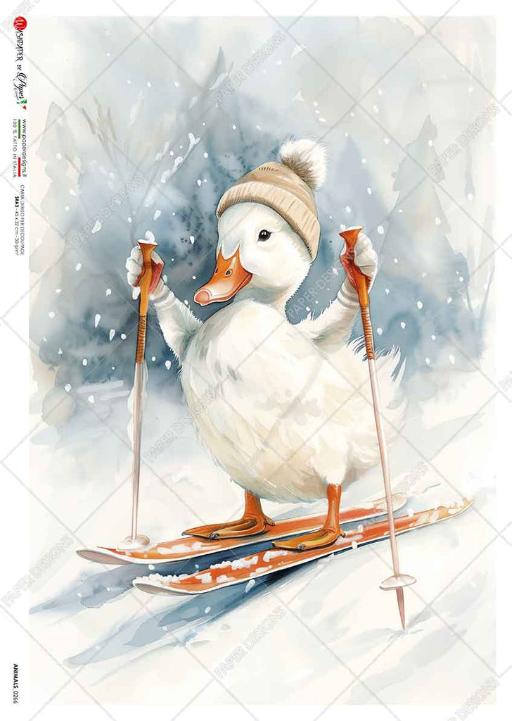 white duck wearing winter hat skiing in the snow. Beautiful Rice Paper of Exquisite Quality for Decoupage crafts.