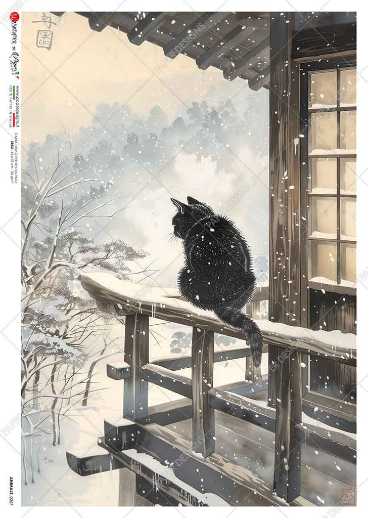 Black cat sitting on snowy porch rail watching the snow fall. Beautiful Rice Paper of Exquisite Quality for Decoupage crafts.