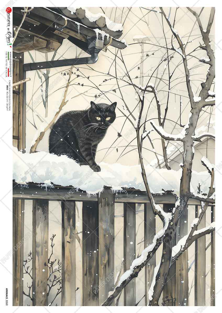 Black cat sitting in snow on porch rail among trees. Beautiful Rice Paper of Exquisite Quality for Decoupage crafts. 