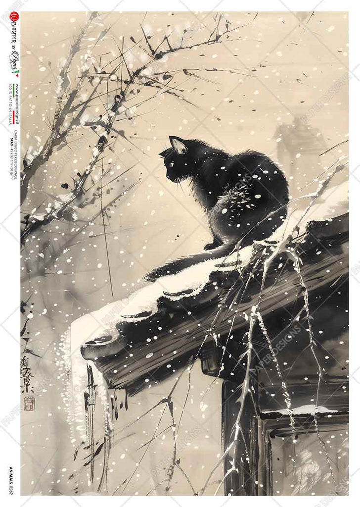 Black cat sitting on snowy roof amid snowfall. Beautiful Rice Paper of Exquisite Quality for Decoupage crafts.