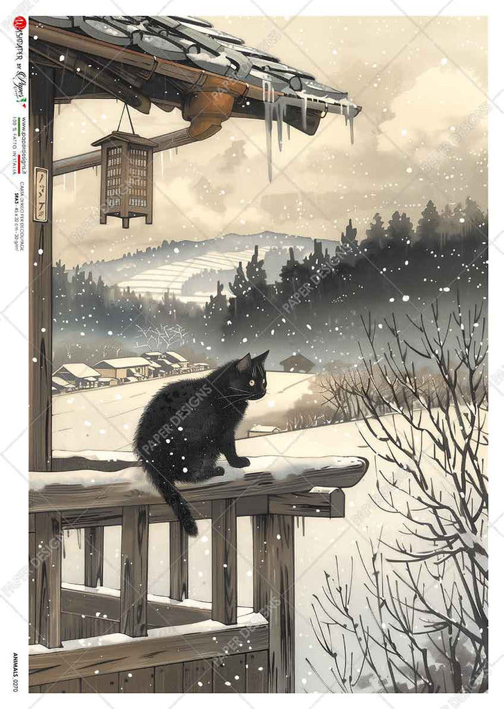 Black cat sitting on porch rail with snowy village in background. Beautiful Rice Paper of Exquisite Quality for Decoupage crafts.