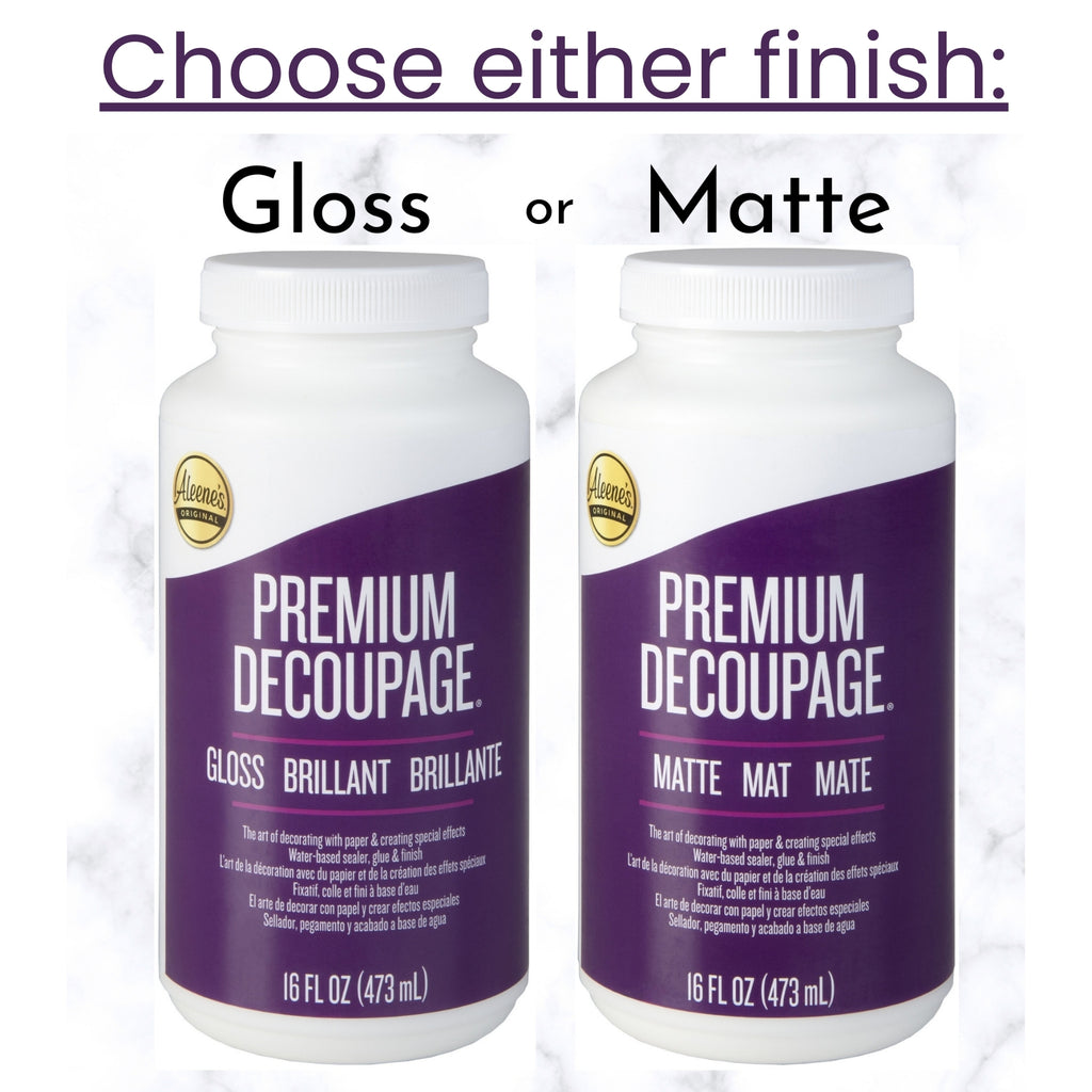 2 bottles, matte and glass with purple label for Aleene's Decoupage gel