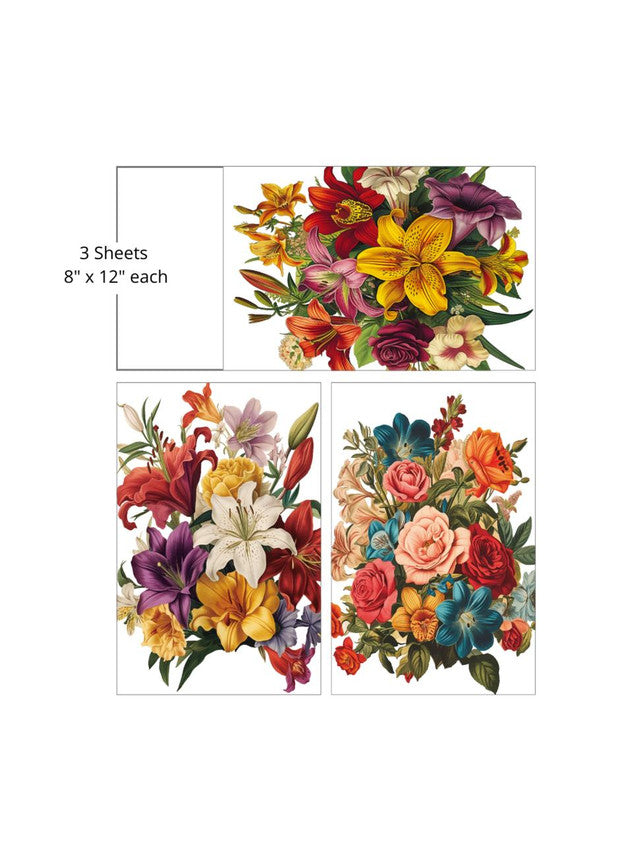 3 images of multi-colored bouquets with yellow purple orange blue and white flowers by Belles and Whistles Rub on Transfer Decal