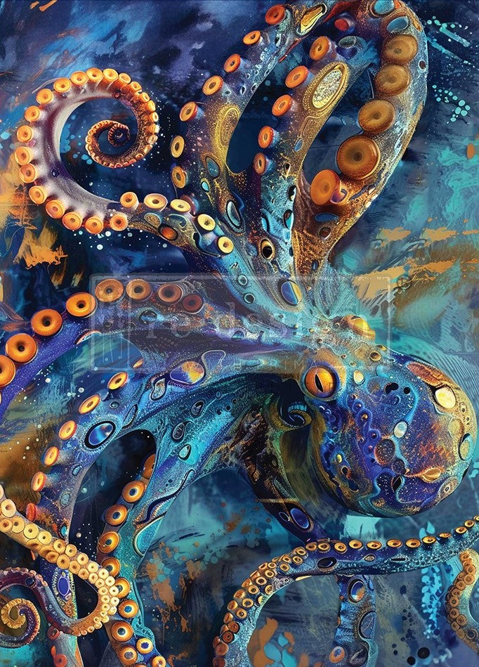 ReDesign with Prima's Arms of the Abyss A1 size Tear Resistant Decoupage Paper featuring colorful teal, blue and gold octopus